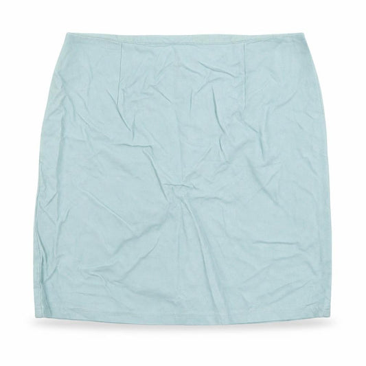 Front view of Primark women’s blue polyurethane a-line skirt, size UK 12, zip