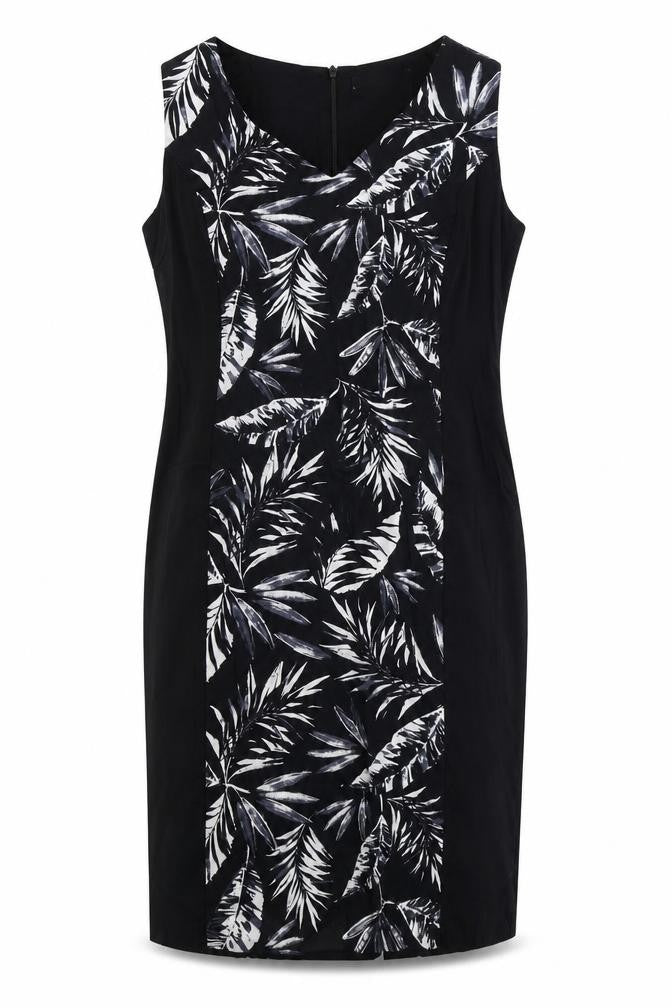 George Womens Black Floral Cotton Sheath Size 14 V-Neck Zip