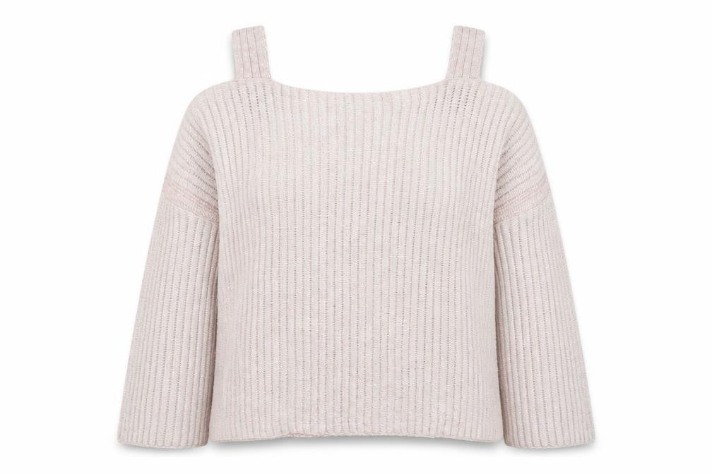 Front view of New look women’s pink square neck acrylic jumper, size M