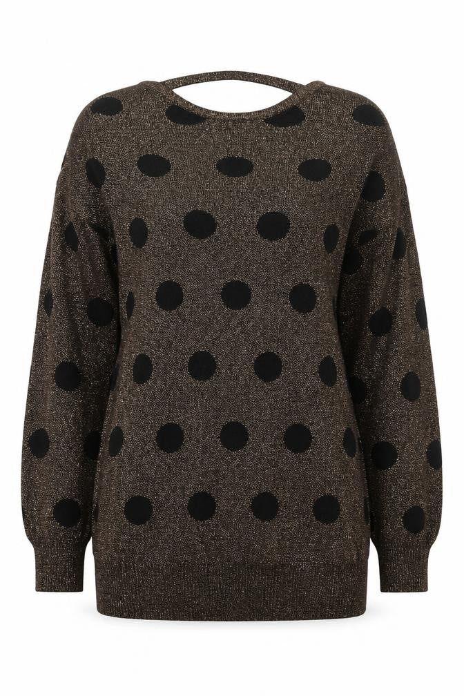 Front view of Soon women’s gold round neck polka dot polyester jumper, size UK 12