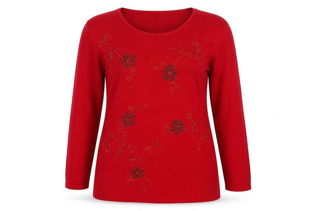 Front view of After Dark women’s red round neck rayon jumper, size M