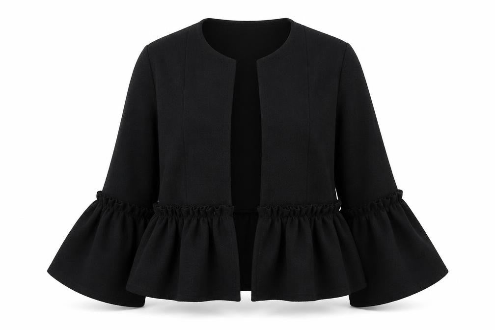 Front view of PRETTYLITTLETHING women’s black v-neck polyester cardigan jumper, size UK 10