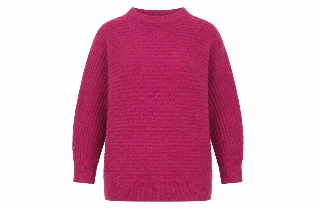 Front view of Bonmarché women’s pink crew neck acrylic jumper, size UK 10