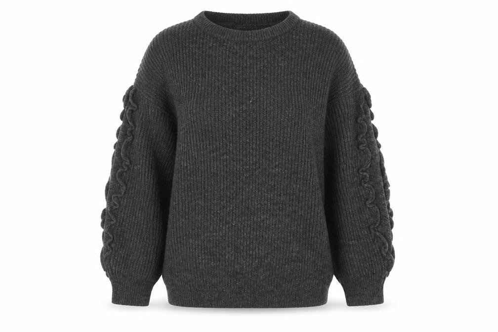 Front view of Mn Knit women’s grey crew neck acrylic jumper, size M