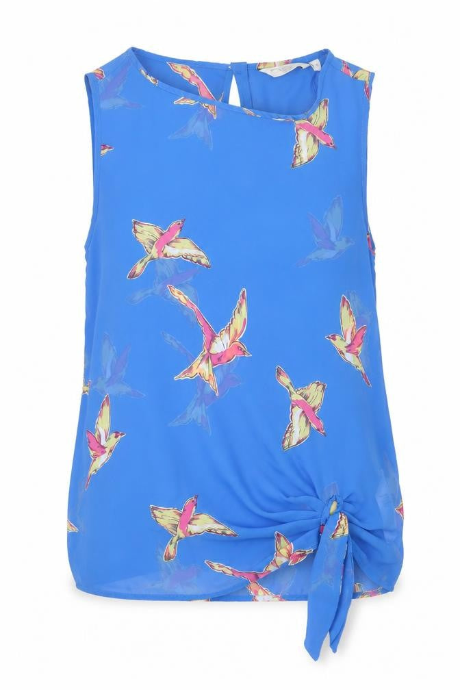 Front view of New Look women’s blue floral polyester basic tank, size UK 8, crew neck