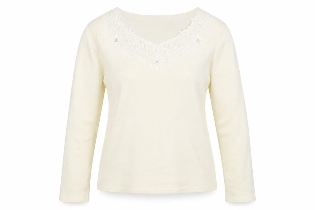 Front view of Classics women’s beige floral acrylic pullover sweatshirt, size UK 12