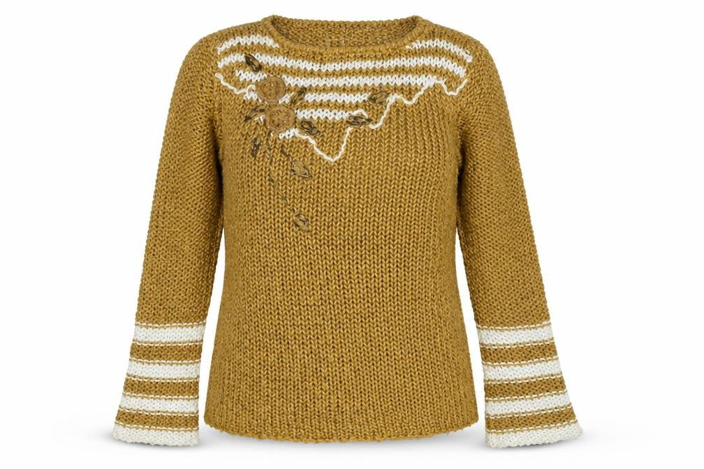 Front view of Mezzo women’s brown round neck striped polyester jumper, size M