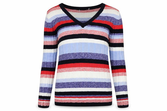 Front view of Matalan women’s multicoloured v-neck striped viscose jumper, size S