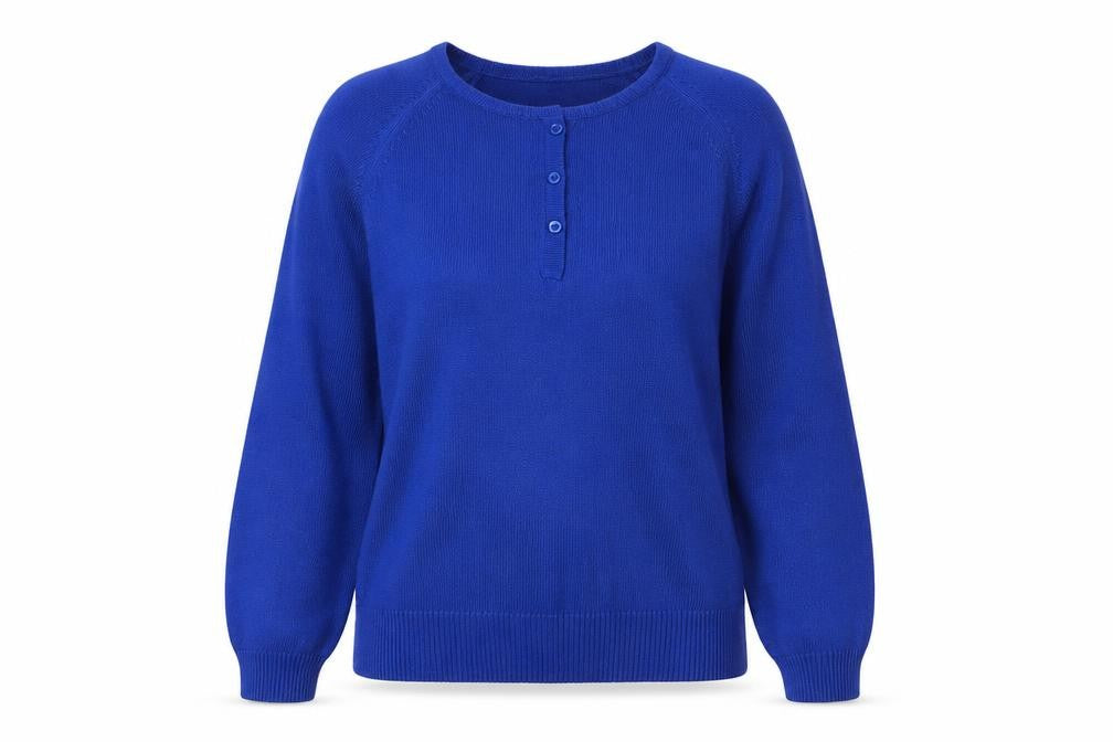 Front view of Classics women’s blue round neck acrylic jumper, size UK 10