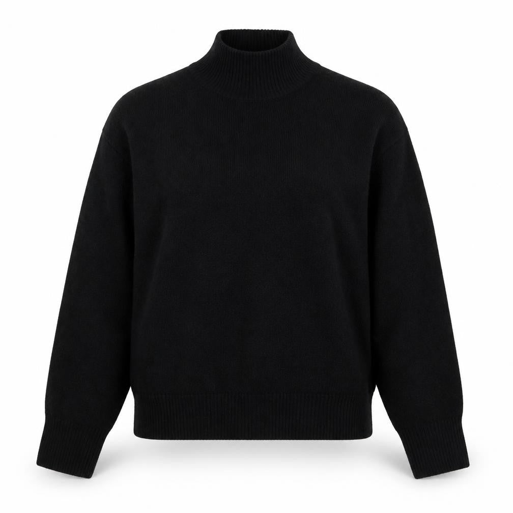 Front view of Primark women’s black high neck acrylic jumper, size UK 6
