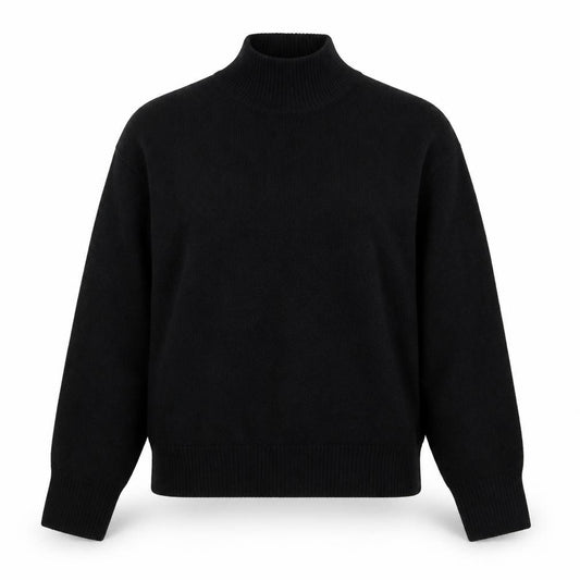 Front view of Primark women’s black high neck acrylic jumper, size UK 6