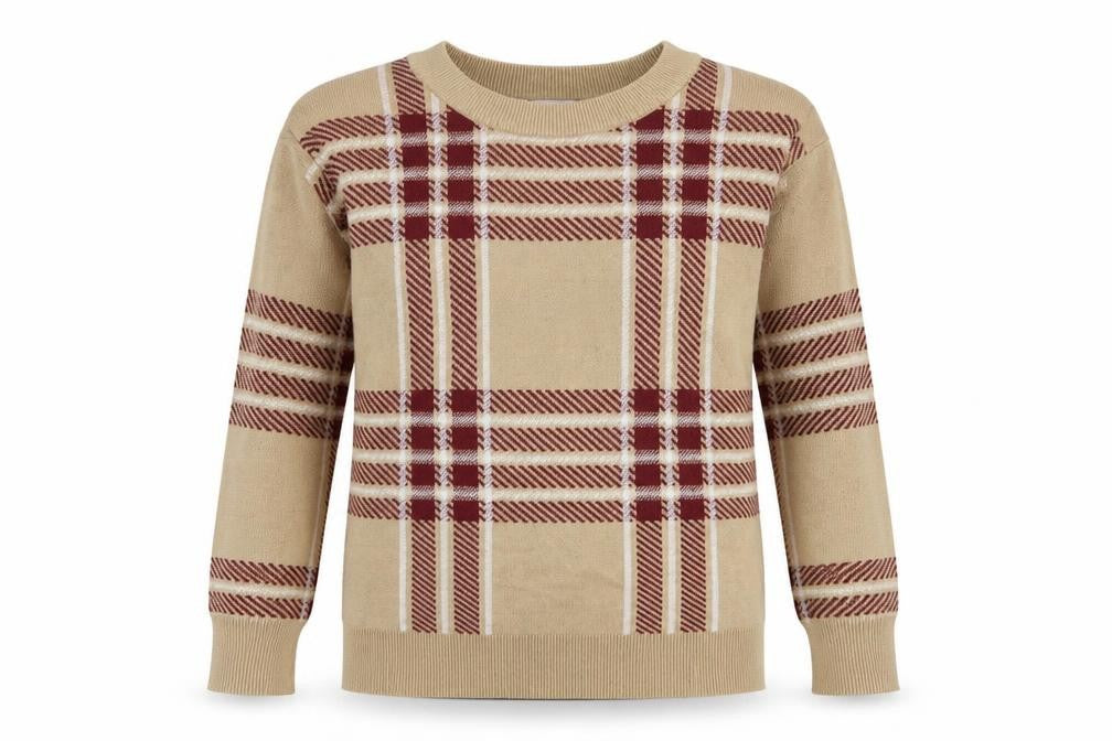 Front view of Max Studio women’s beige round neck plaid viscose jumper, size S
