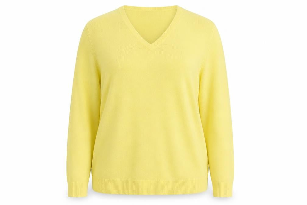 Front view of Atlantic Bay women’s yellow v-neck acrylic jumper, size 2XL