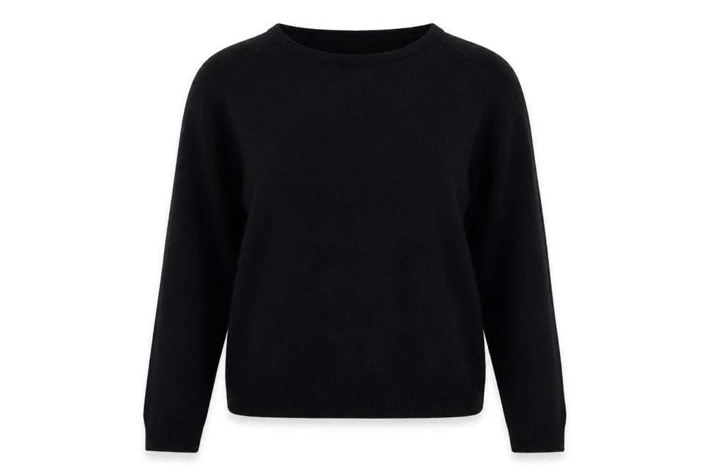 Front view of Primark women’s black round neck acrylic jumper, size UK 10