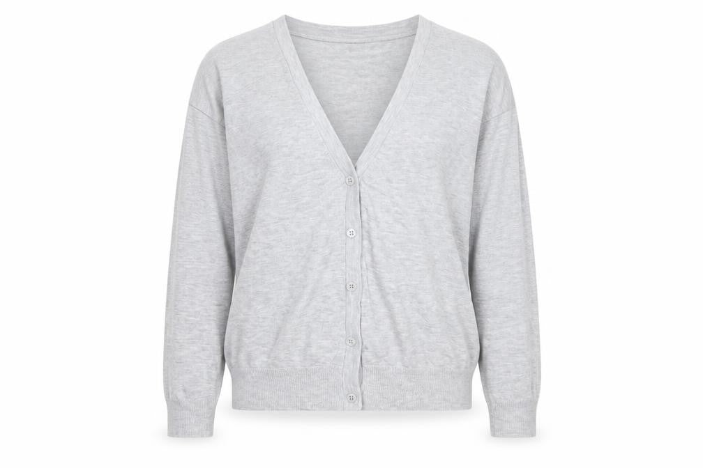 Front view of Atmosphere women’s grey v-neck viscose cardigan jumper, size UK 12