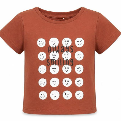 name it Boys Brown Cotton Cropped T-Shirt Size 9-12 Months Crew Neck Pullover - Smile
