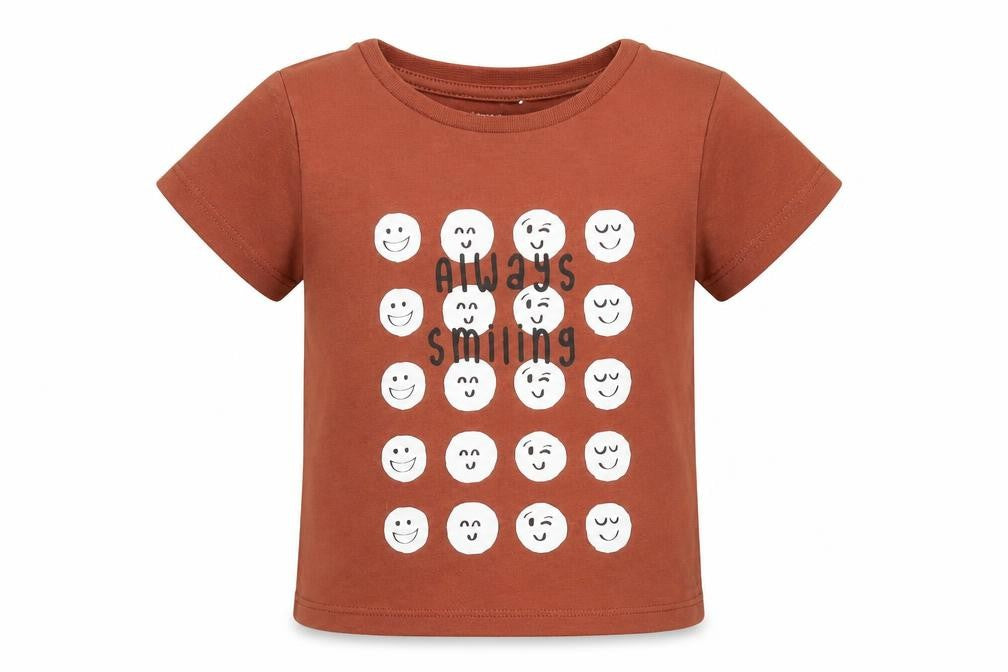 name it Boys Brown Cotton Cropped T-Shirt Size 9-12 Months Crew Neck Pullover - Smile