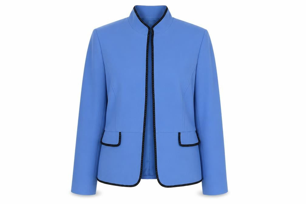 Front view of Dressbarn women’s blue jacket, size UK 6, hook & eye