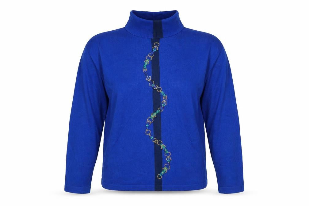 LUCIA Womens Blue Roll Neck Geometric Acrylic Henley Jumper Size L