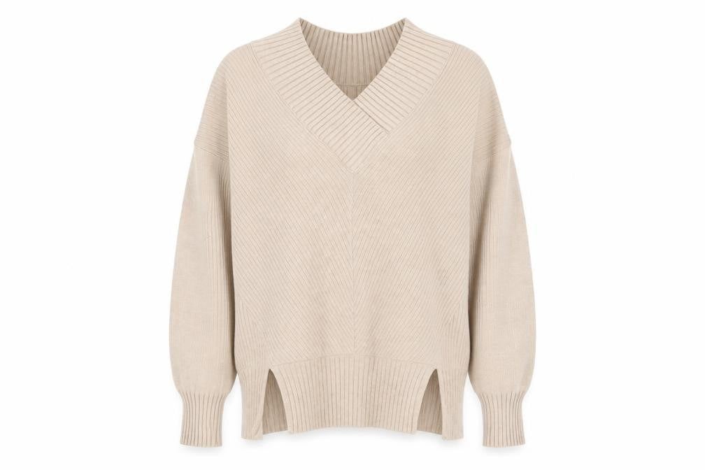 Front view of River Island women’s beige v-neck viscose jumper, size XS