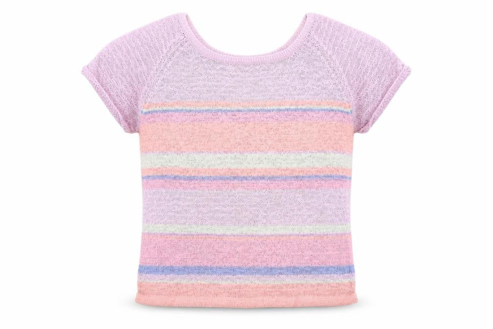 Front view of Preworn women’s purple roll neck striped polyester jumper, size M