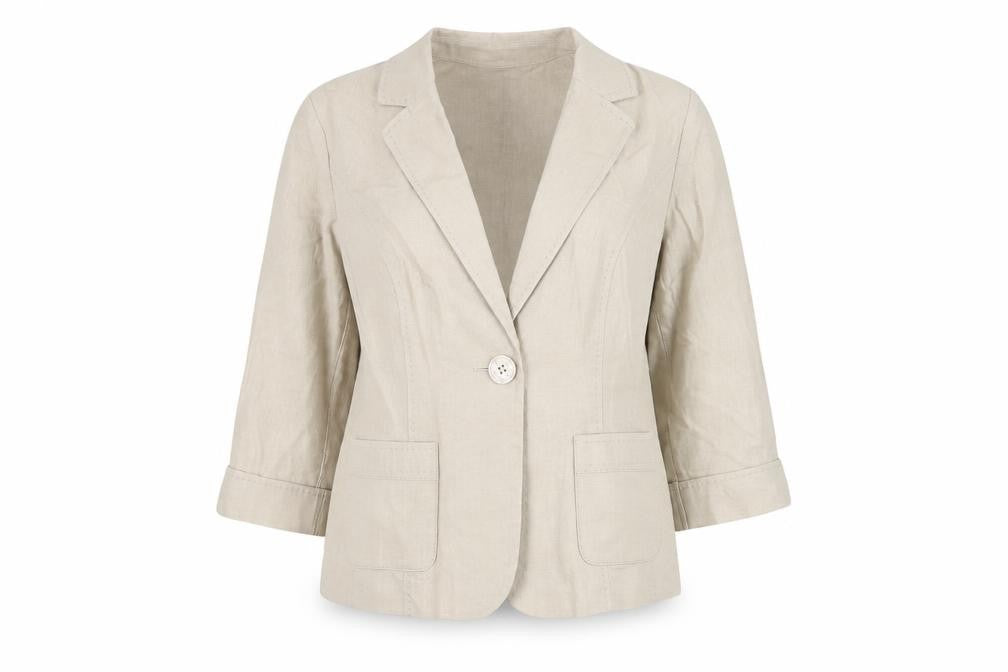 Front view of EWM women’s beige jacket blazer, size UK 12, button