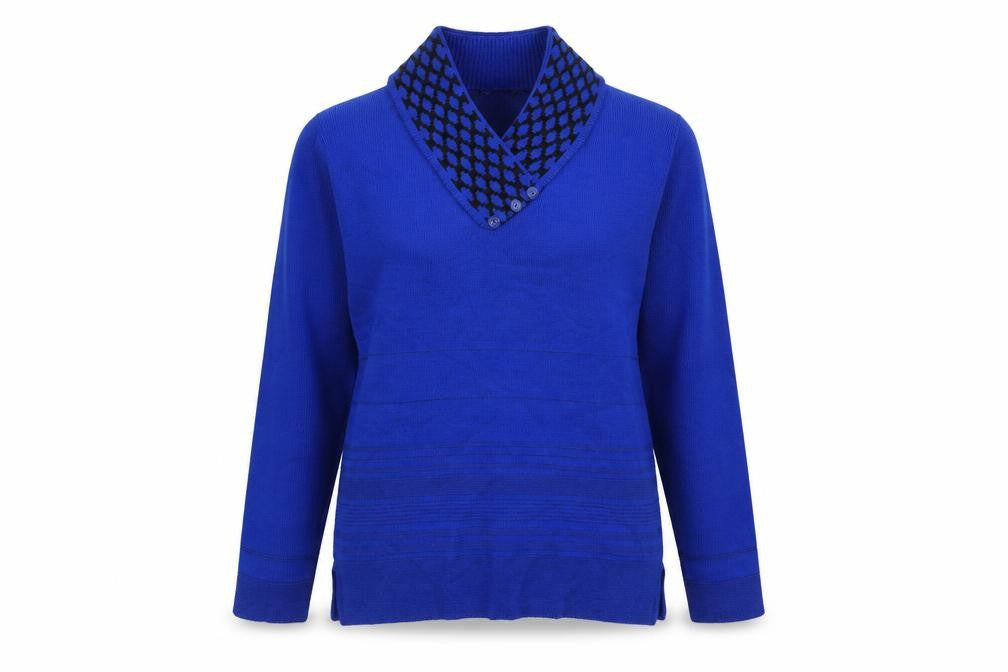 Front view of Envy women’s blue acrylic basic button-up, size S, collared -, size S/m