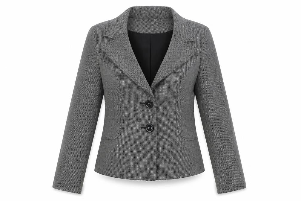 Front view of Wallis women’s grey geometric polyester jacket suit jacket, size UK 10