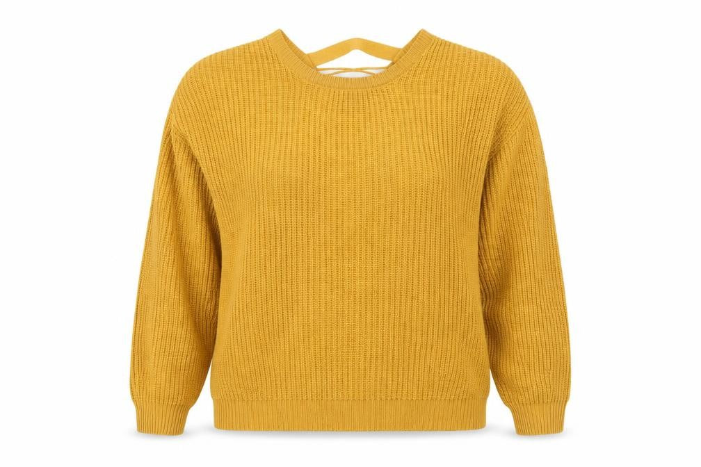 Front view of New Look women’s yellow round neck acrylic jumper, size M