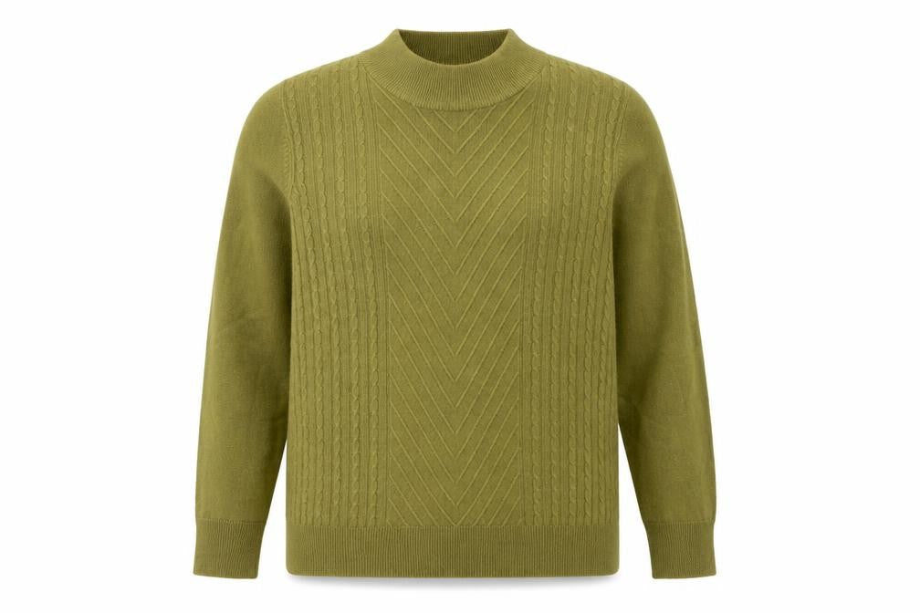 Front view of Mudflower women’s green high neck acrylic jumper, size S
