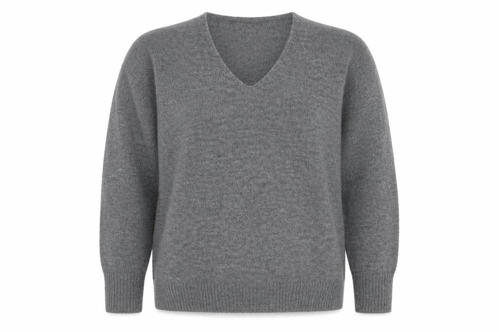Front view of JDY women’s grey v-neck acrylic jumper, size L