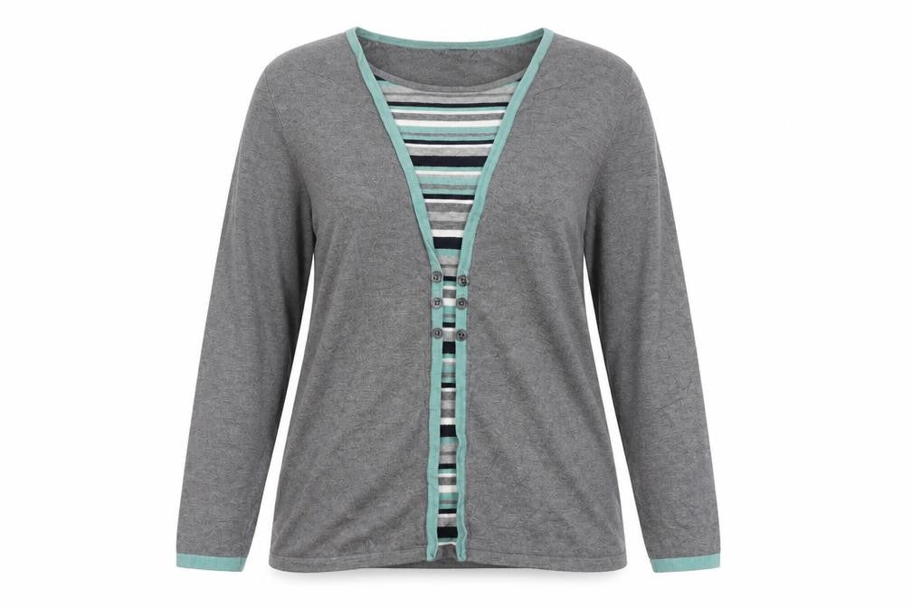 Front view of Bonmarché women’s grey round neck striped viscose jumper, size UK 16