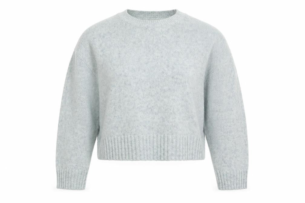 Front view of New Look women’s blue round neck acrylic jumper, size M