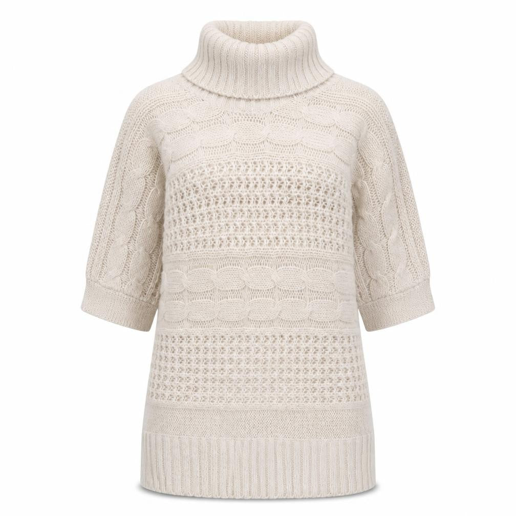 Front view of Bonmarché women’s beige roll neck acrylic jumper, size L