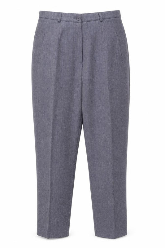 Front view of Berkertex women’s blue geometric polyester trousers, size UK 12, 26-inch leg regular