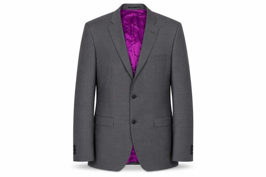 Front view of Santinelli men’s grey polyester jacket blazer, size 38