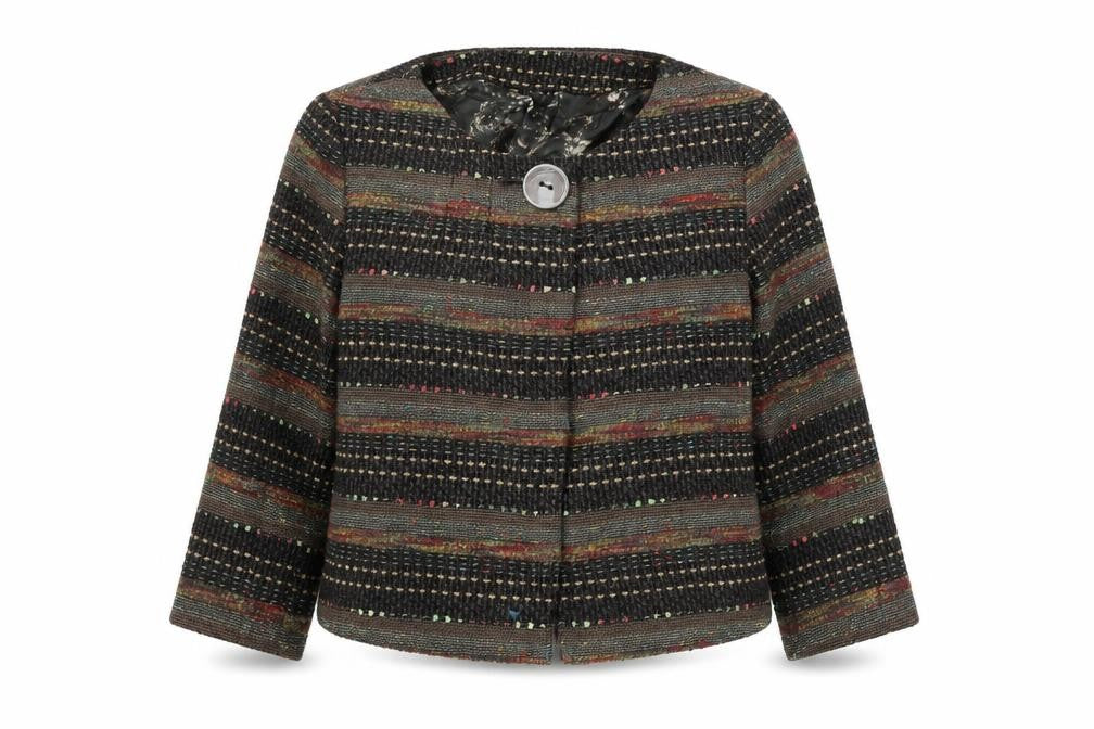 Front view of H&M women’s multicoloured round neck geometric wool cardigan jumper, size UK 10