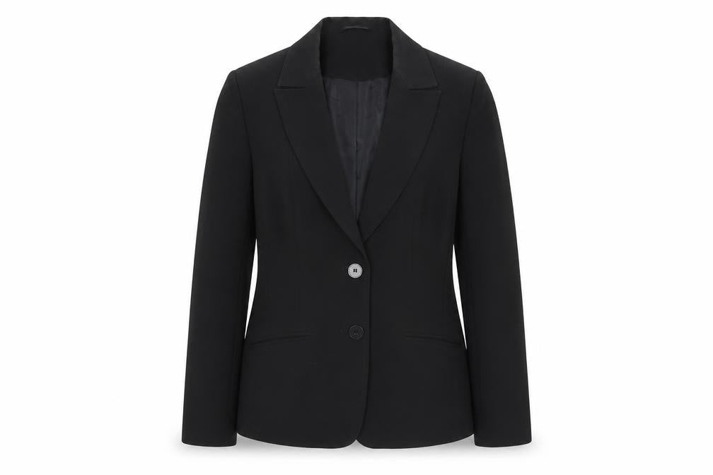Front view of New Look women’s black polyester jacket suit, size UK 14