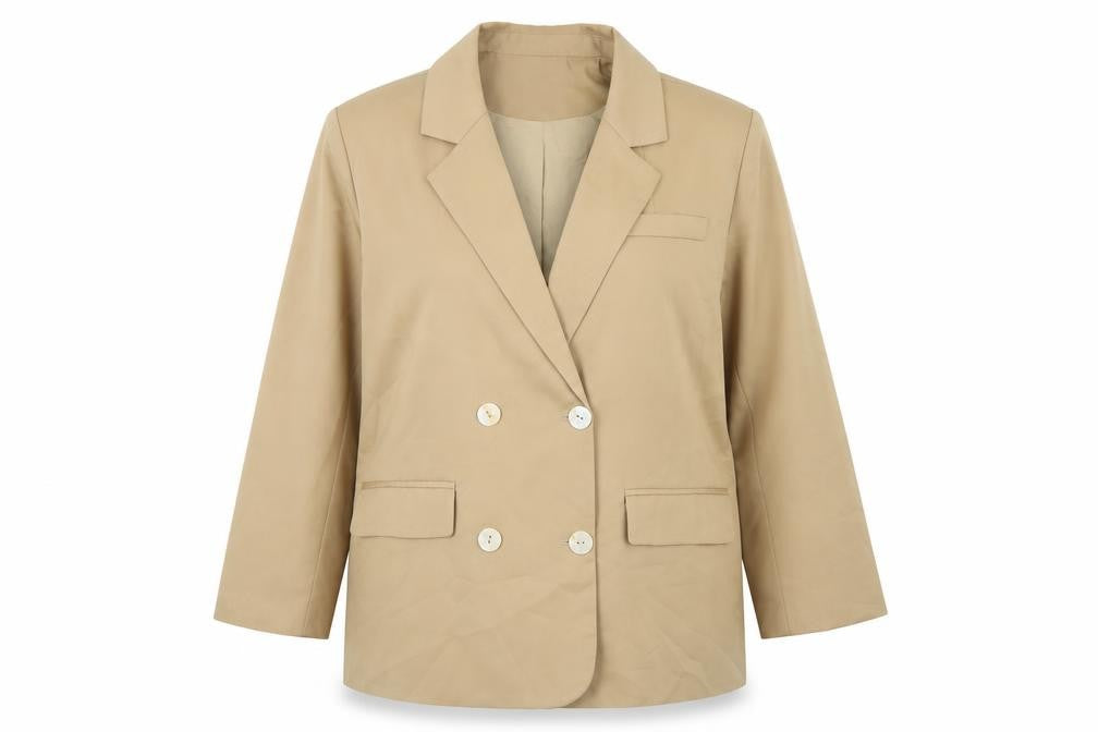 Front view of DM100 women’s beige jacket, size 3XL, button