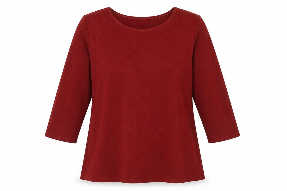 Front view of Lakelands women’s red round neck polyester jumper, size UK 16