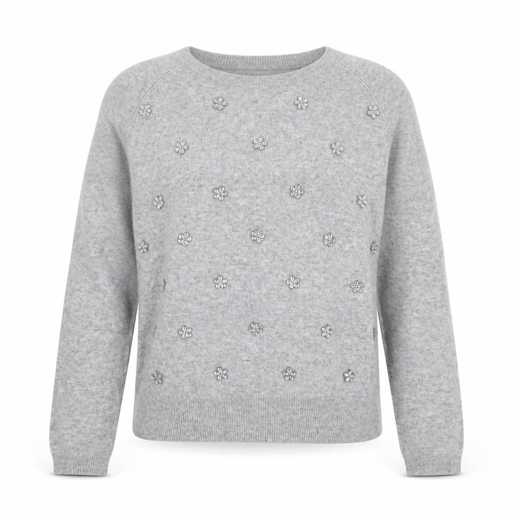 Front view of New Look women’s grey round neck nylon jumper, size UK 12
