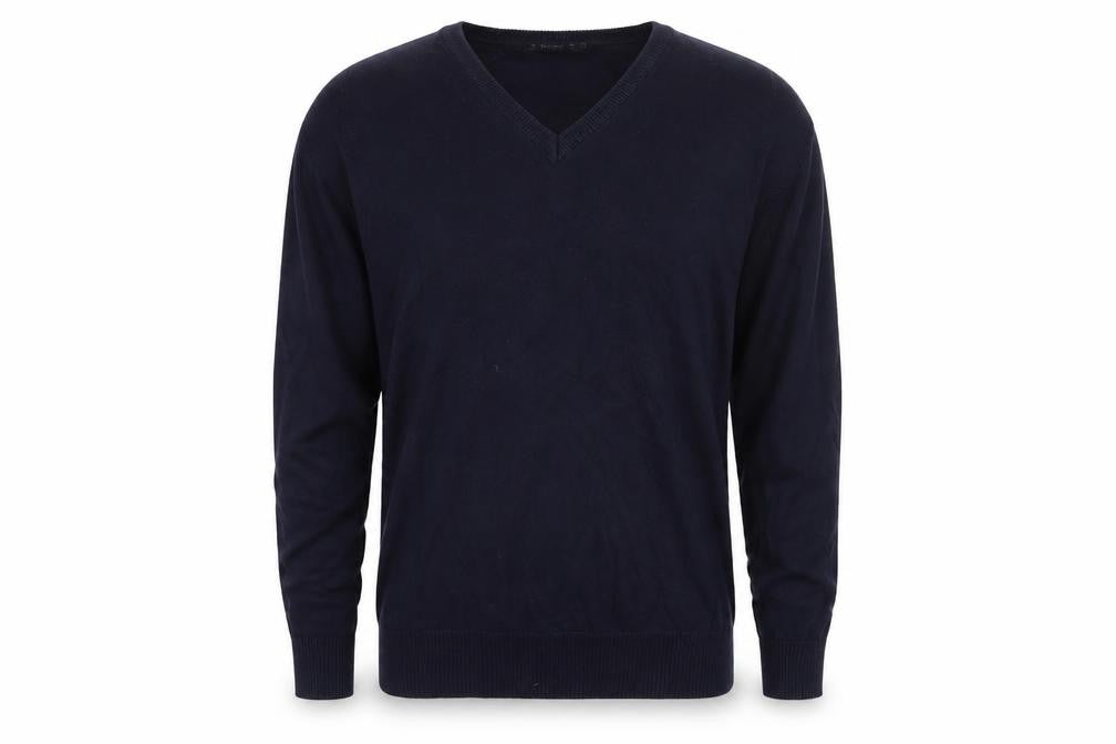 Front view of Trutex men’s blue v-neck cotton jumper, size S
