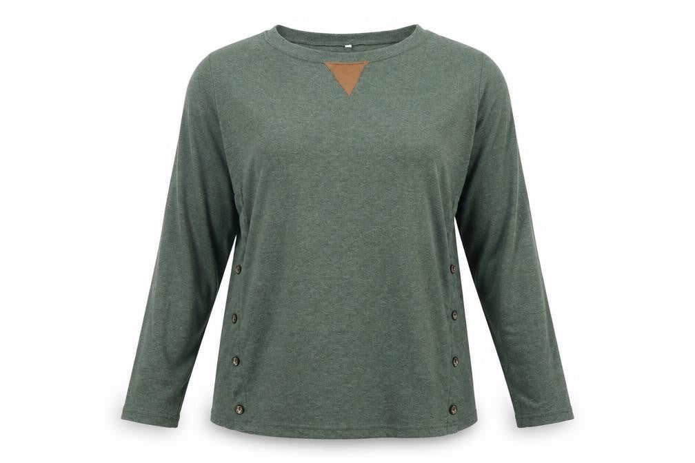 Front view of women’s green polyester pullover sweatshirt, size L