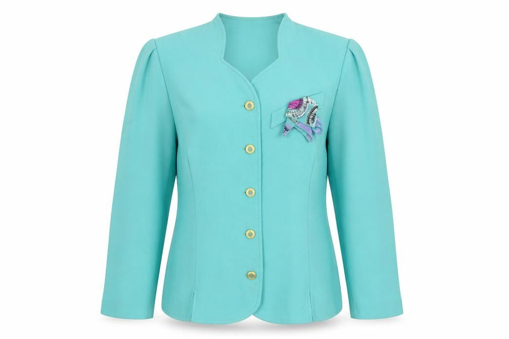 Front view of Godske women’s blue jacket blazer, size UK 14, button