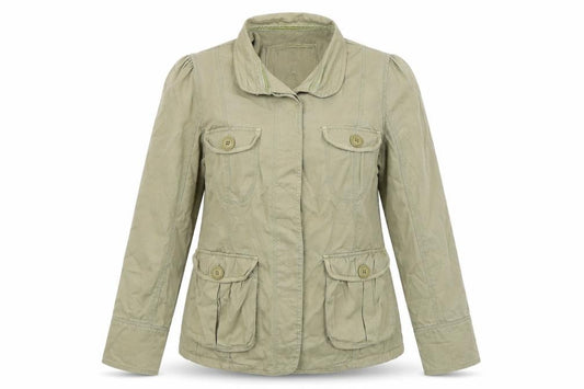 Front view of South Boutique women’s green jacket, size UK 14, button