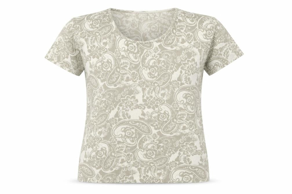 Front view of Daxon women’s beige geometric acrylic basic t-shirt, size UK 14, scoop neck