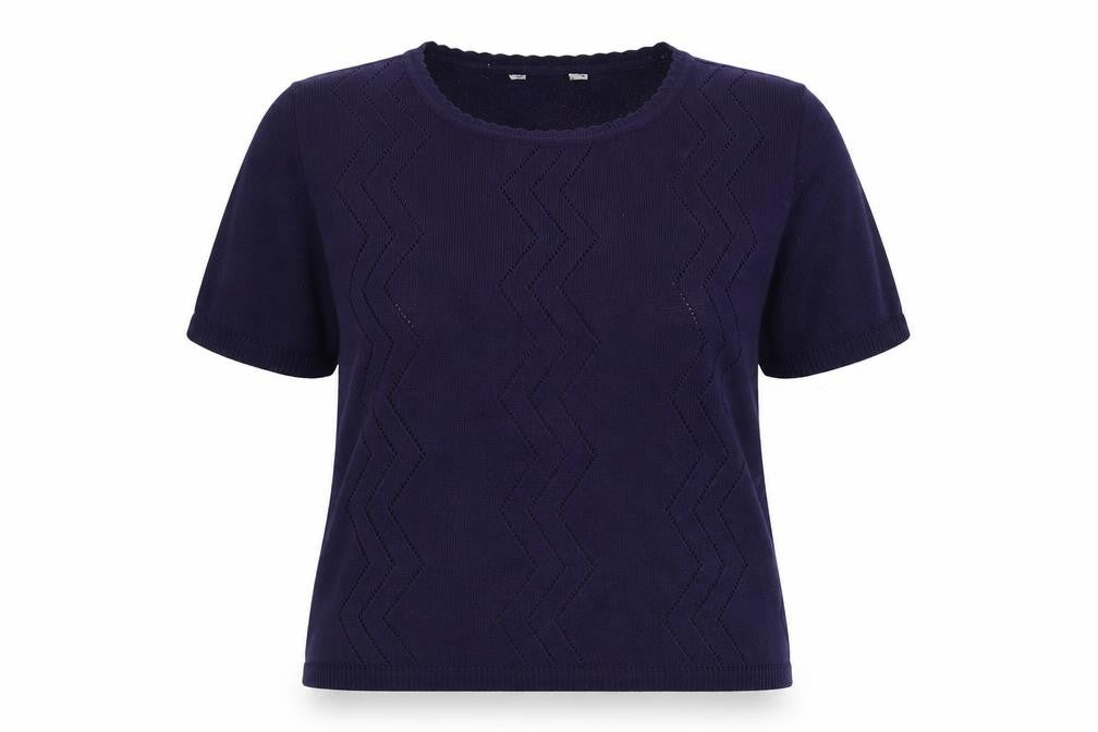 Front view of Preworn women’s blue round neck acrylic jumper, size UK 16
