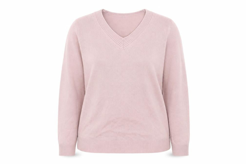 Front view of Damart women’s pink v-neck acrylic jumper, size UK 14