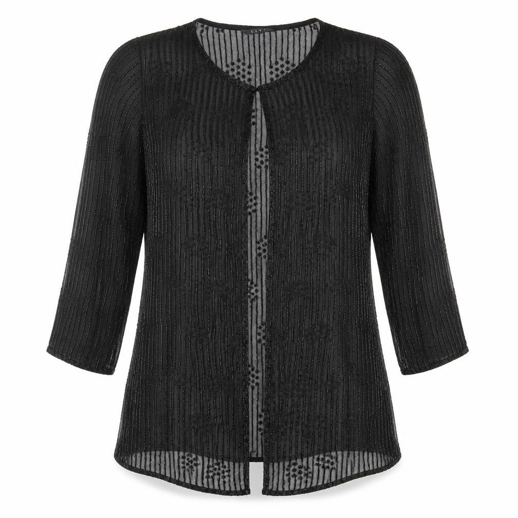 Front view of ELVI women’s black jacket, size UK 12, hook & eye