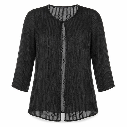 Front view of ELVI women’s black jacket, size UK 12, hook & eye